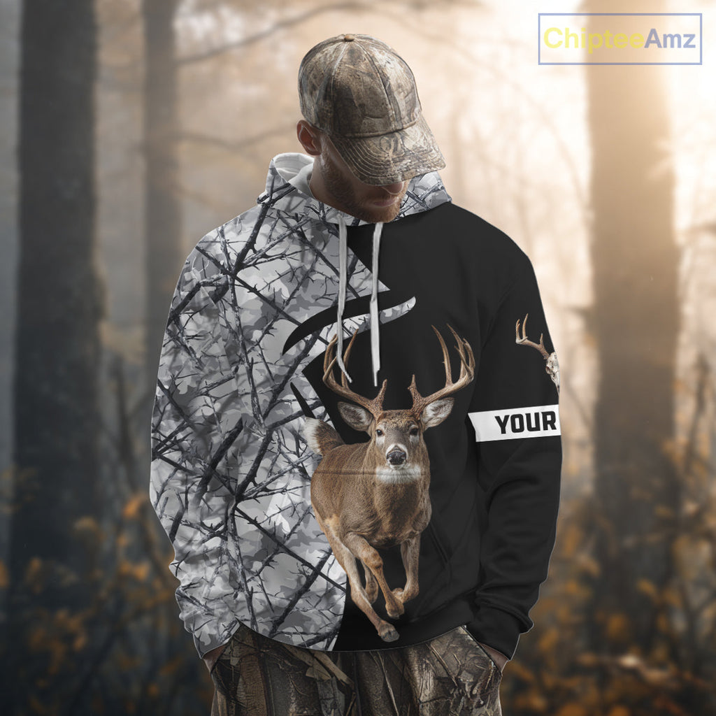 Deer Hunting Big Game Black Camo Gray Custom Name 3D All Over Print Shirts, Hunting Gifts