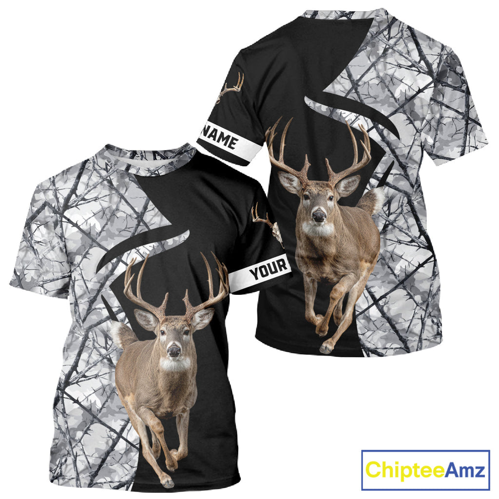 Deer Hunting Big Game Black Camo Gray Custom Name 3D All Over Print Shirts, Hunting Gifts
