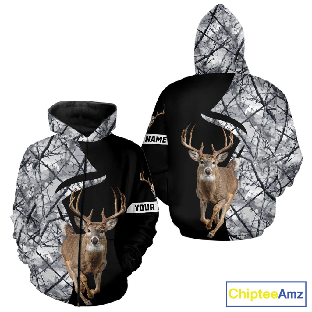 Deer Hunting Big Game Black Camo Gray Custom Name 3D All Over Print Shirts, Hunting Gifts