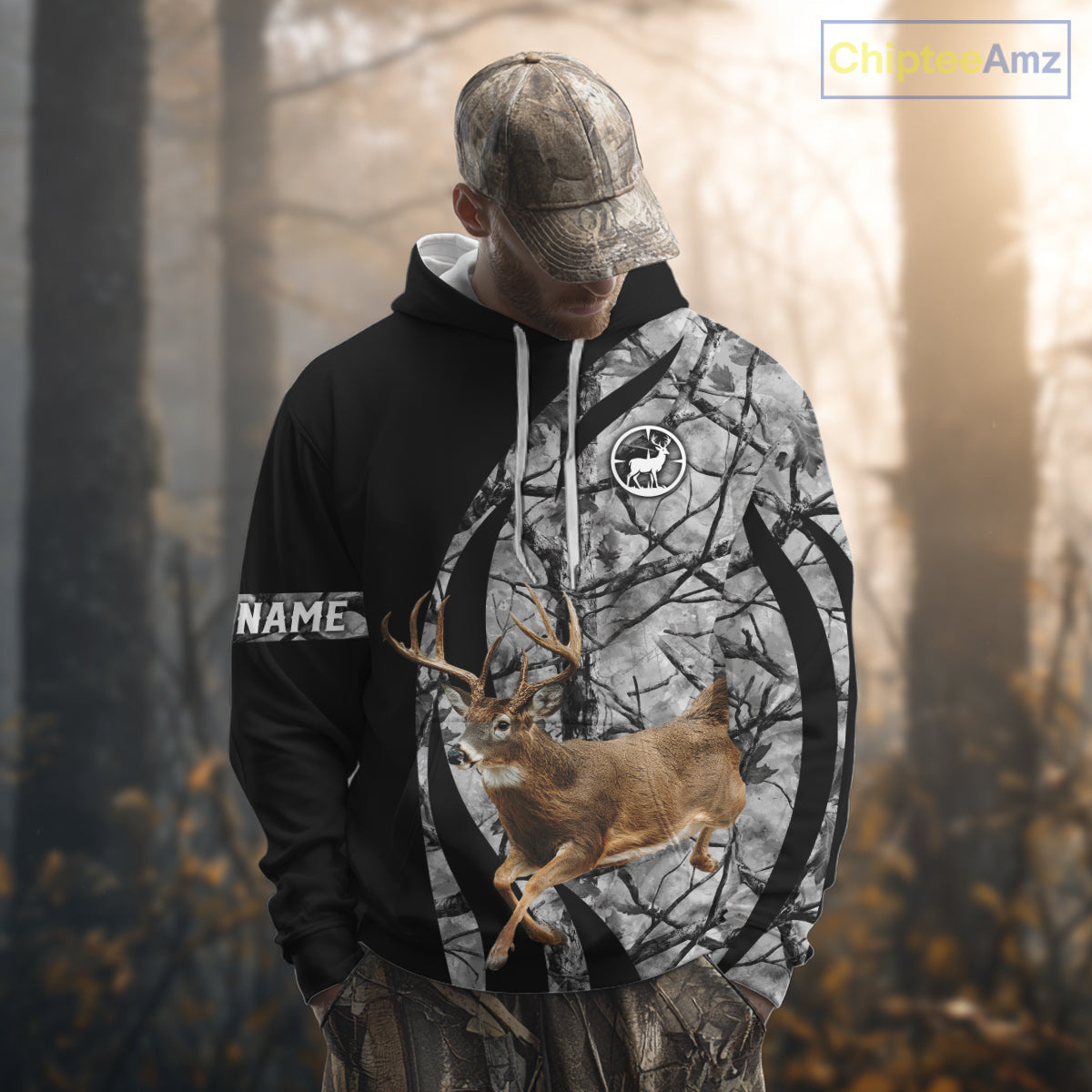 Deer Jumping Hunting 3D Black Gray Camo Custom Name All Over Print Shirt Hunting Shirts