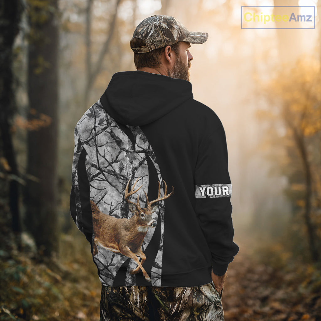 Deer Jumping Hunting 3D Black Gray Camo Custom Name All Over Print Shirt Hunting Shirts