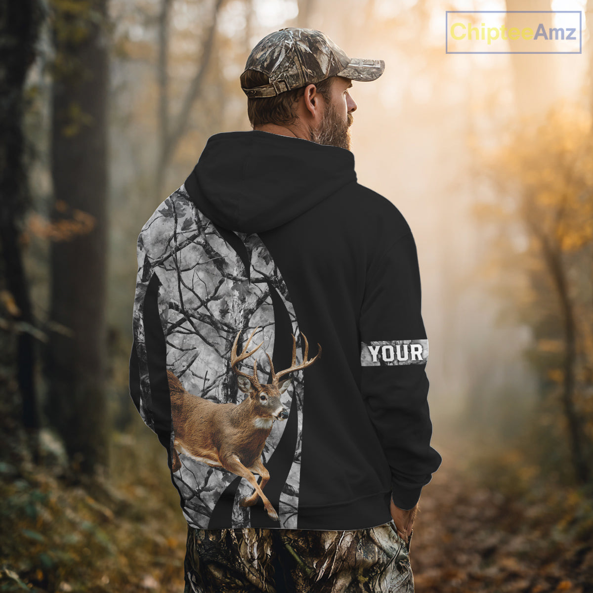 Deer Jumping Hunting 3D Black Gray Camo Custom Name All Over Print Shirt Hunting Shirts