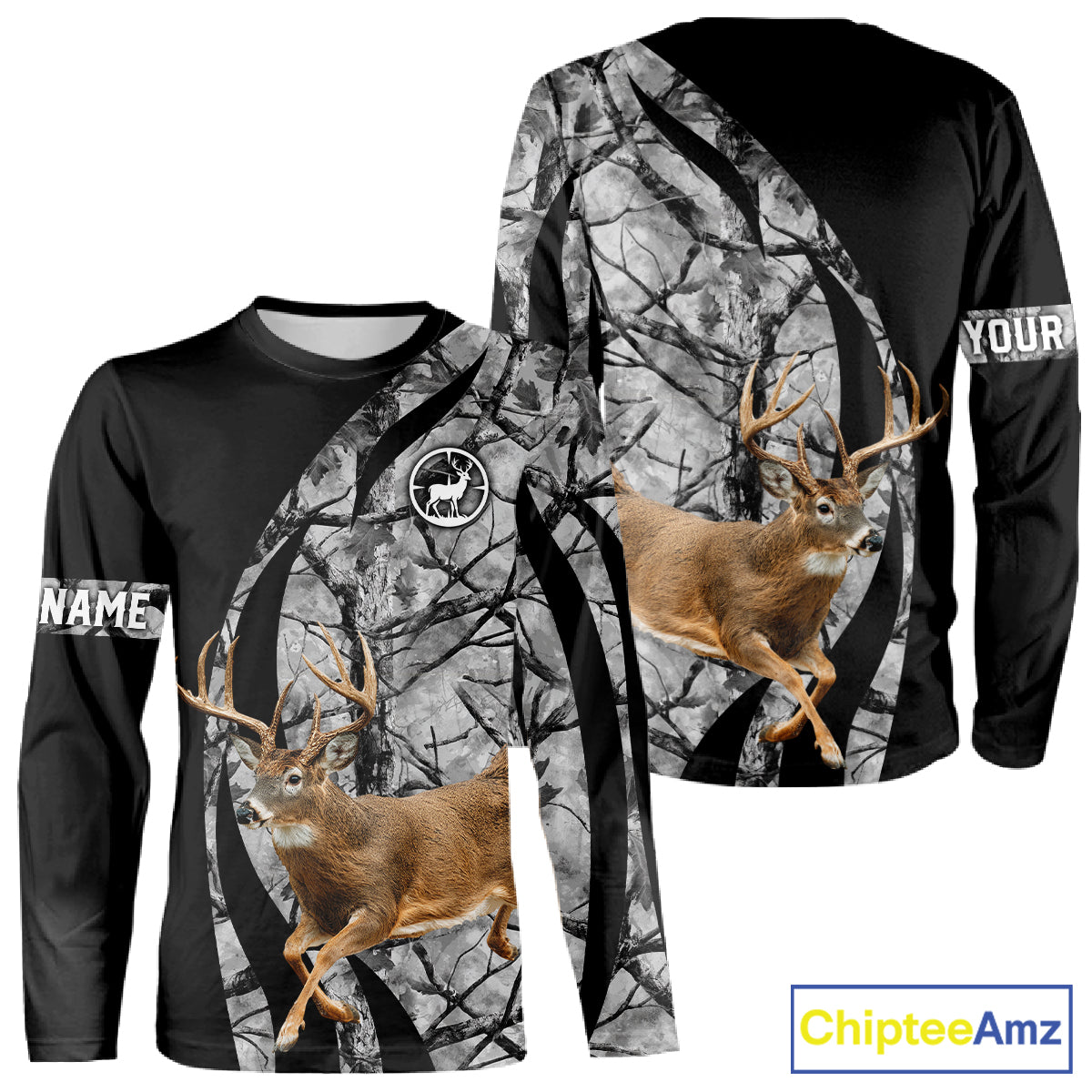 Deer Jumping Hunting 3D Black Gray Camo Custom Name All Over Print Shirt Hunting Shirts