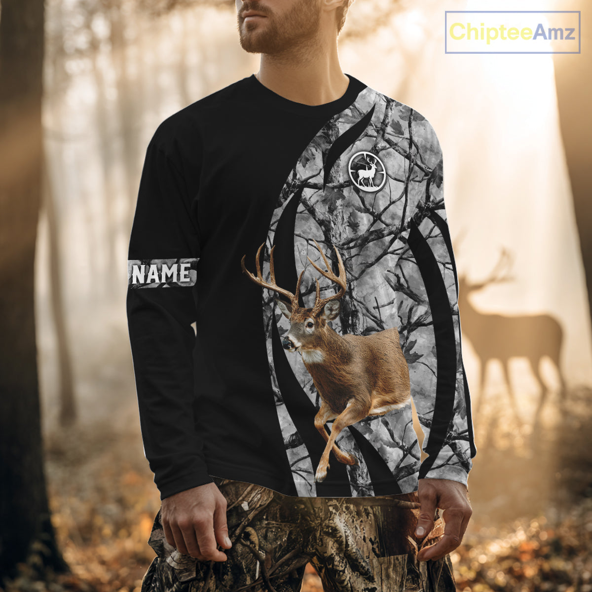 Deer Jumping Hunting 3D Black Gray Camo Custom Name All Over Print Shirt Hunting Shirts
