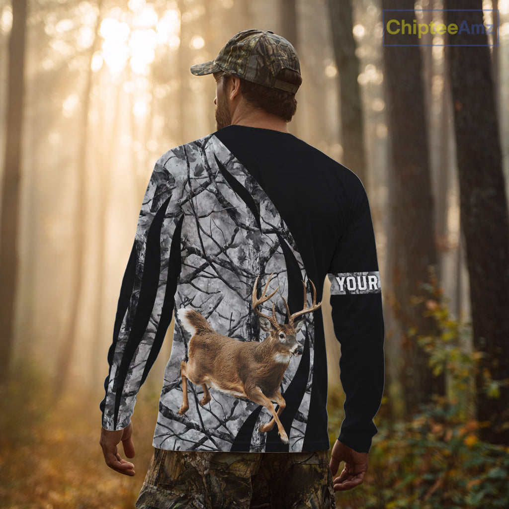 Deer Jumping Hunting 3D Black Gray Camo Custom Name All Over Print Shirt Hunting Shirts