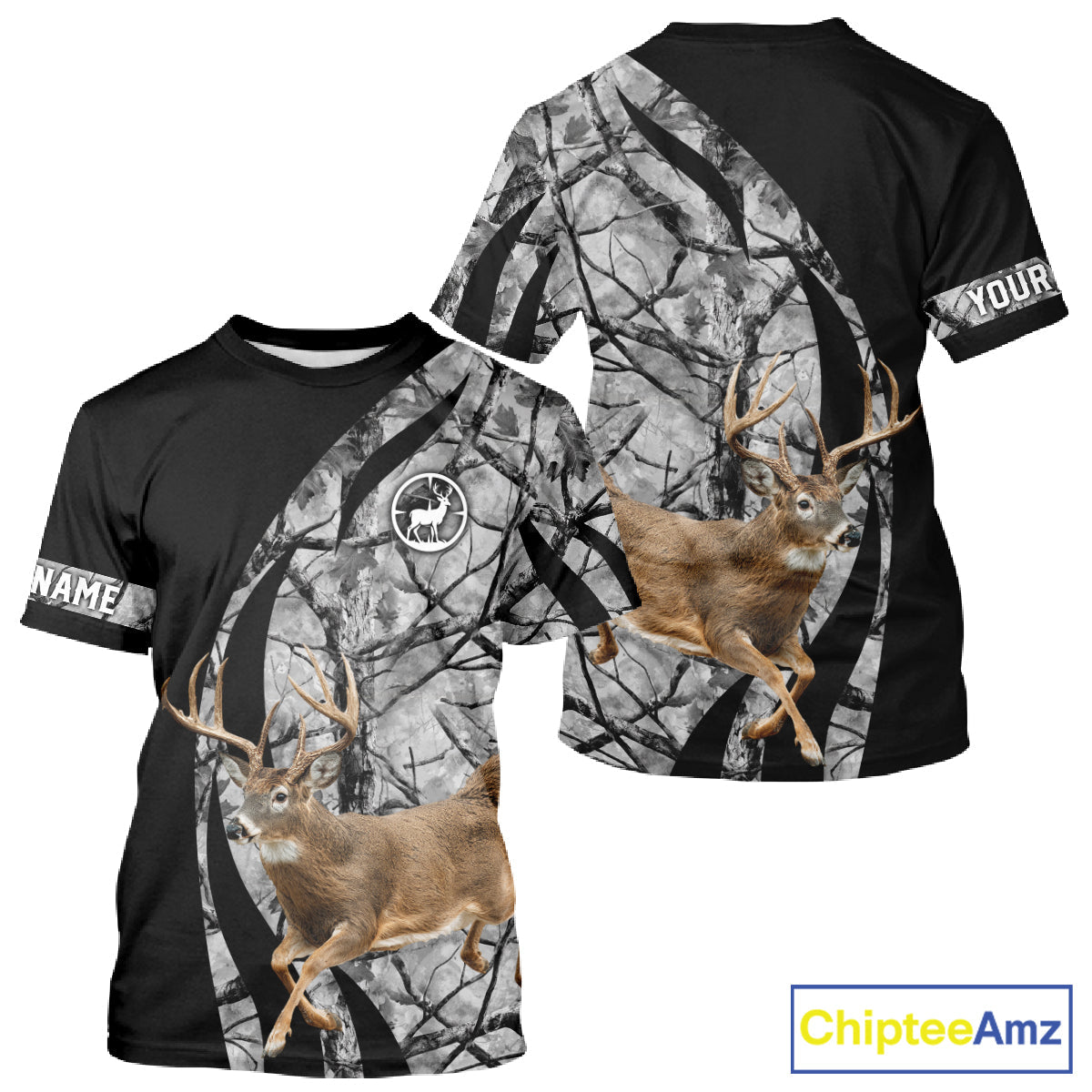 Deer Jumping Hunting 3D Black Gray Camo Custom Name All Over Print Shirt Hunting Shirts