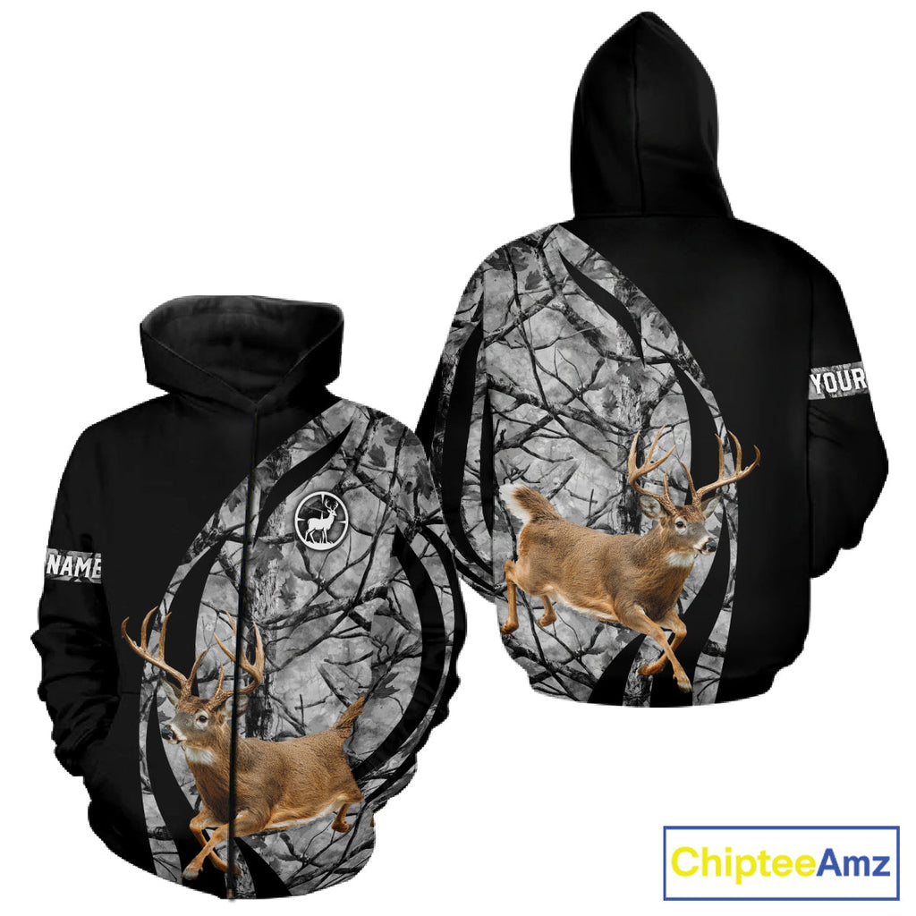 Deer Jumping Hunting 3D Black Gray Camo Custom Name All Over Print Shirt Hunting Shirts