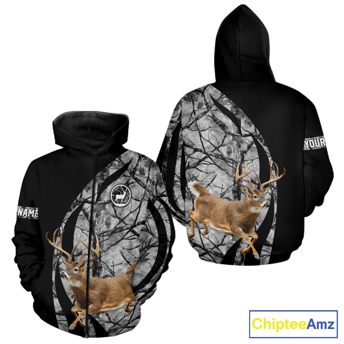 Deer Jumping Hunting 3D Black Gray Camo Custom Name All Over Print Shirt Hunting Shirts