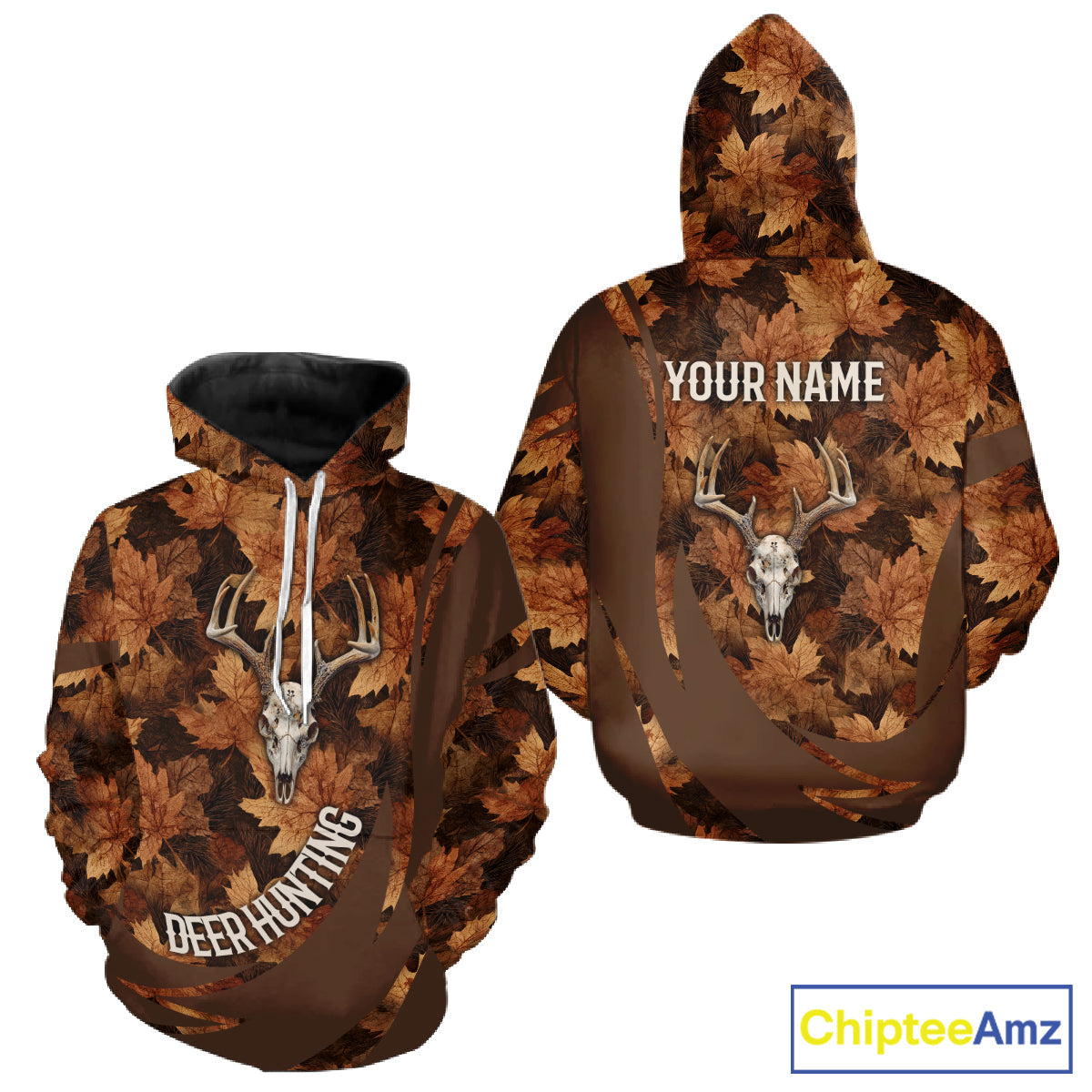 Skull Deer Hunting 3D Brown Camo Autumn Custom Name All Over Print Shirt Hunting Clothes