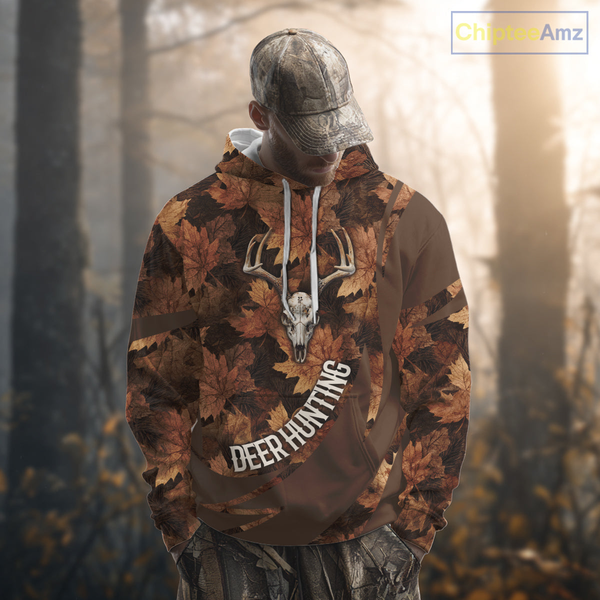 Skull Deer Hunting 3D Brown Camo Autumn Custom Name All Over Print Shirt Hunting Clothes