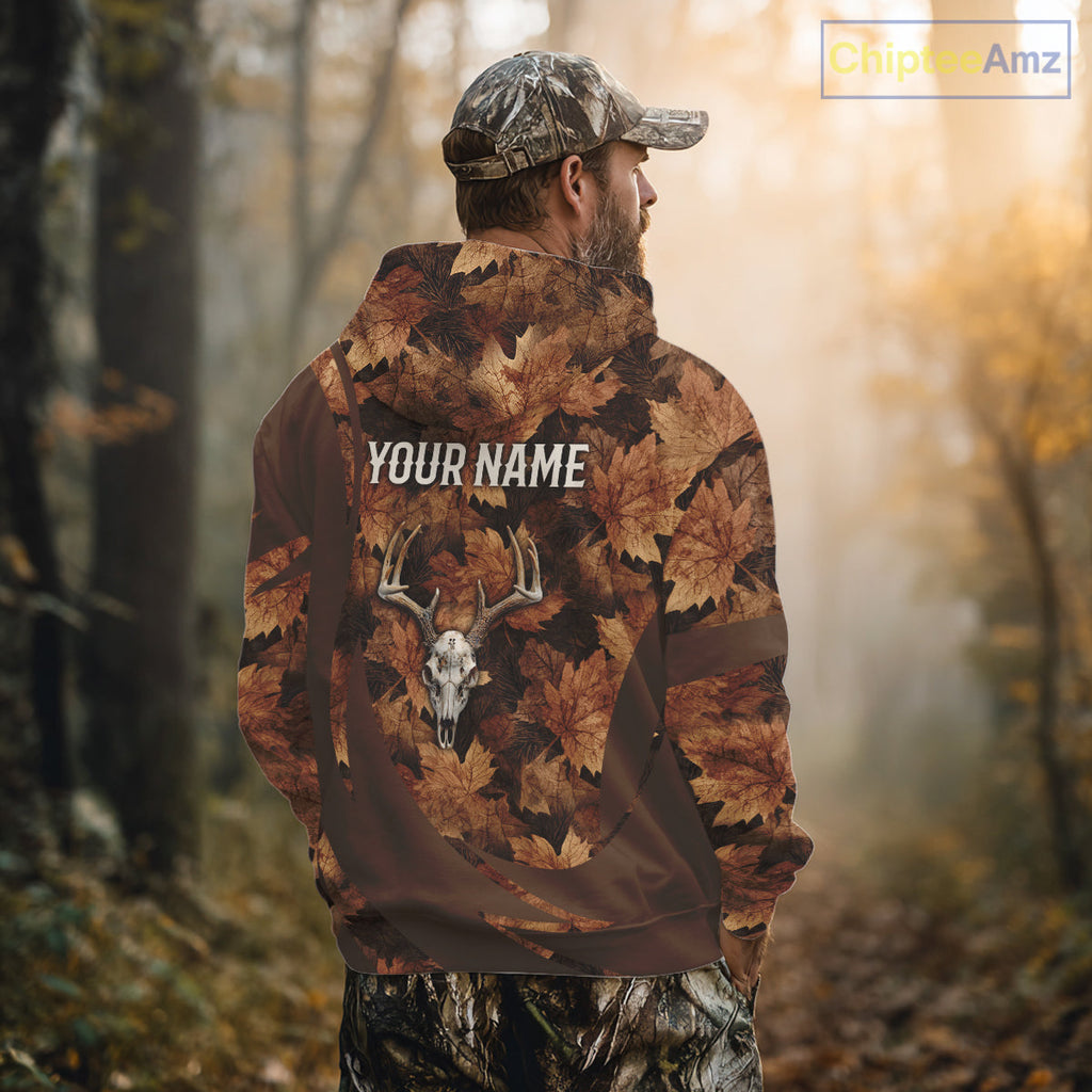 Skull Deer Hunting 3D Brown Camo Autumn Custom Name All Over Print Shirt Hunting Clothes