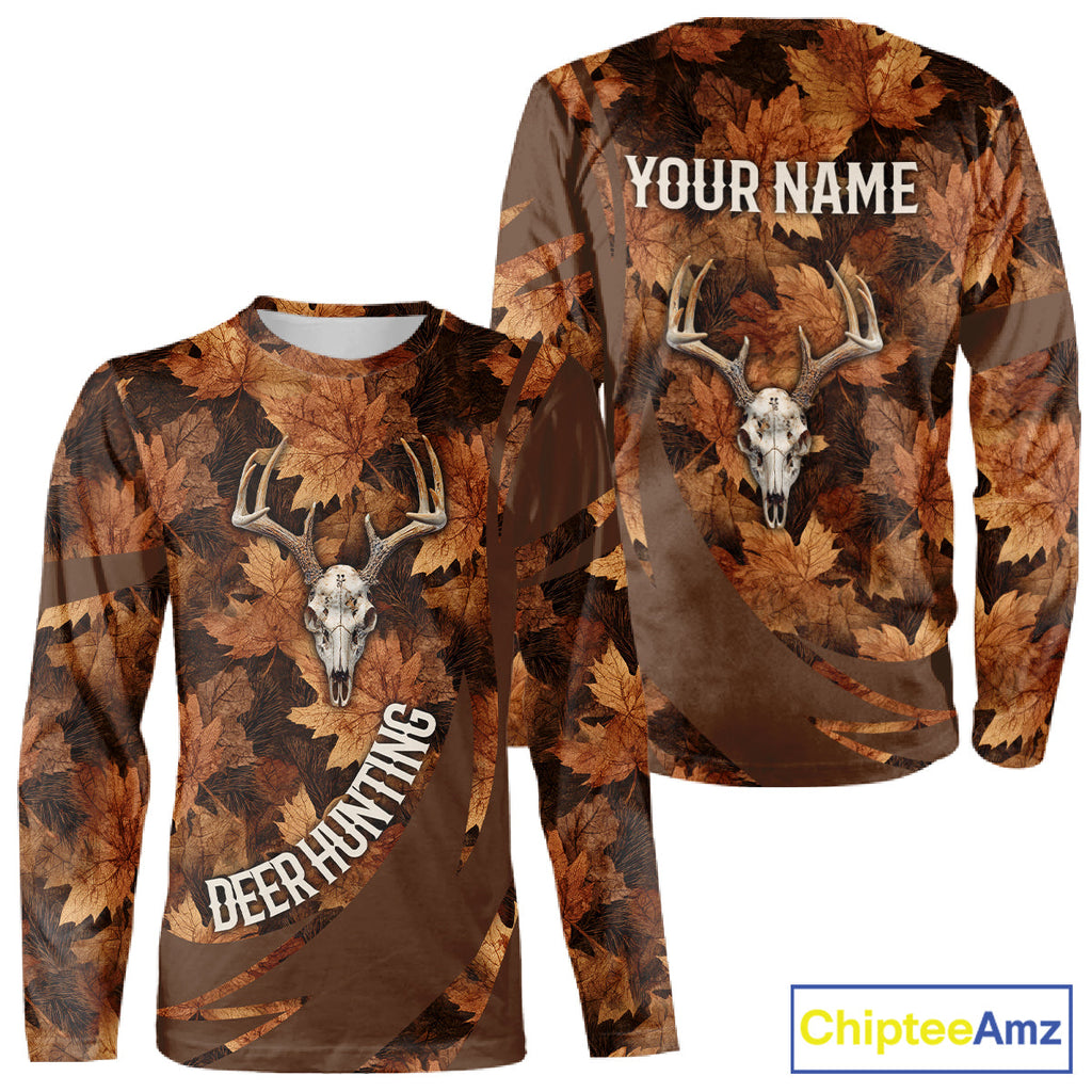 Skull Deer Hunting 3D Brown Camo Autumn Custom Name All Over Print Shirt Hunting Clothes