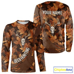Skull Deer Hunting 3D Brown Camo Autumn Custom Name All Over Print Shirt Hunting Clothes