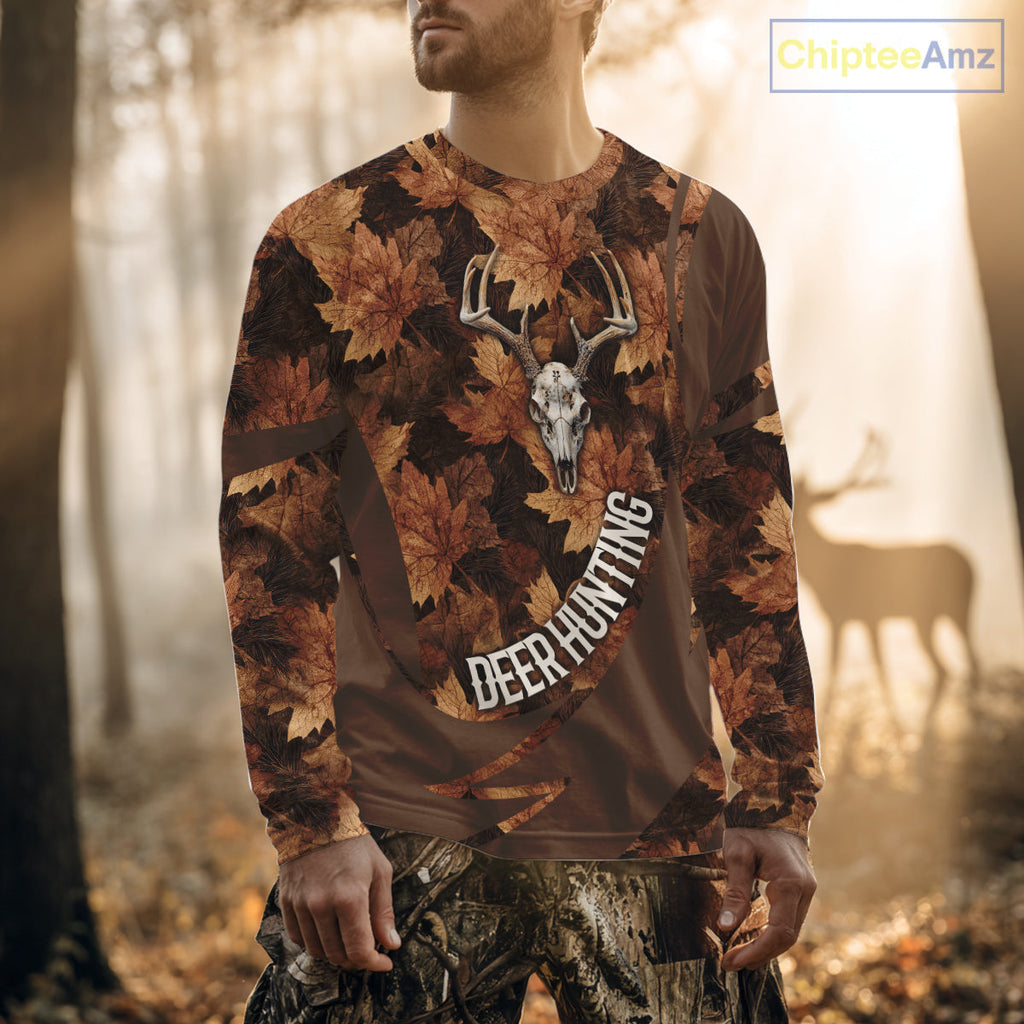 Skull Deer Hunting 3D Brown Camo Autumn Custom Name All Over Print Shirt Hunting Clothes