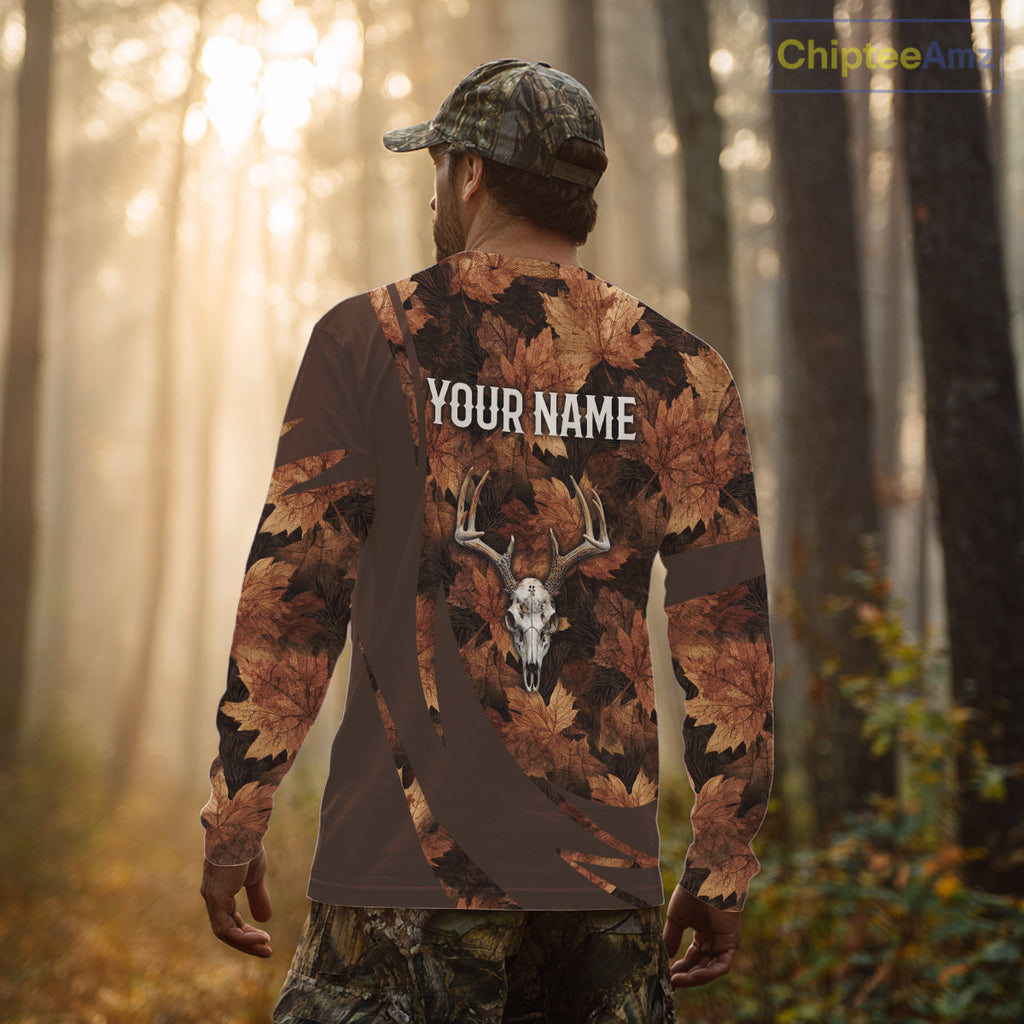 Skull Deer Hunting 3D Brown Camo Autumn Custom Name All Over Print Shirt Hunting Clothes