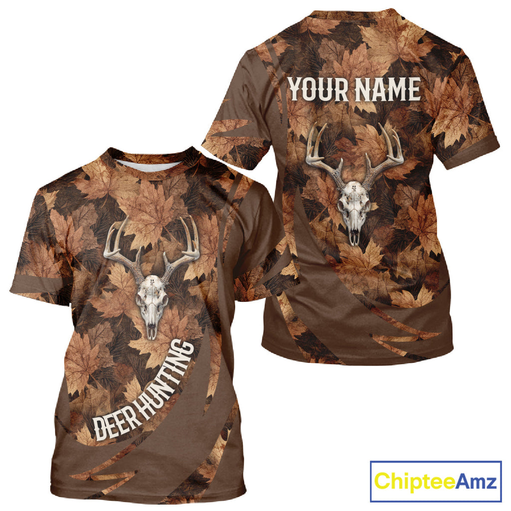 Skull Deer Hunting 3D Brown Camo Autumn Custom Name All Over Print Shirt Hunting Clothes