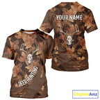 Skull Deer Hunting 3D Brown Camo Autumn Custom Name All Over Print Shirt Hunting Clothes