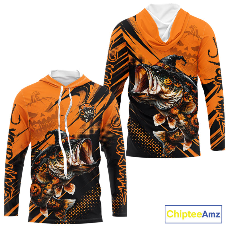 Halloween Bass Fishing Shirt, Largemouth Bass Long Sleeve Hooded Fishing Jersey, Custom Angler Gift