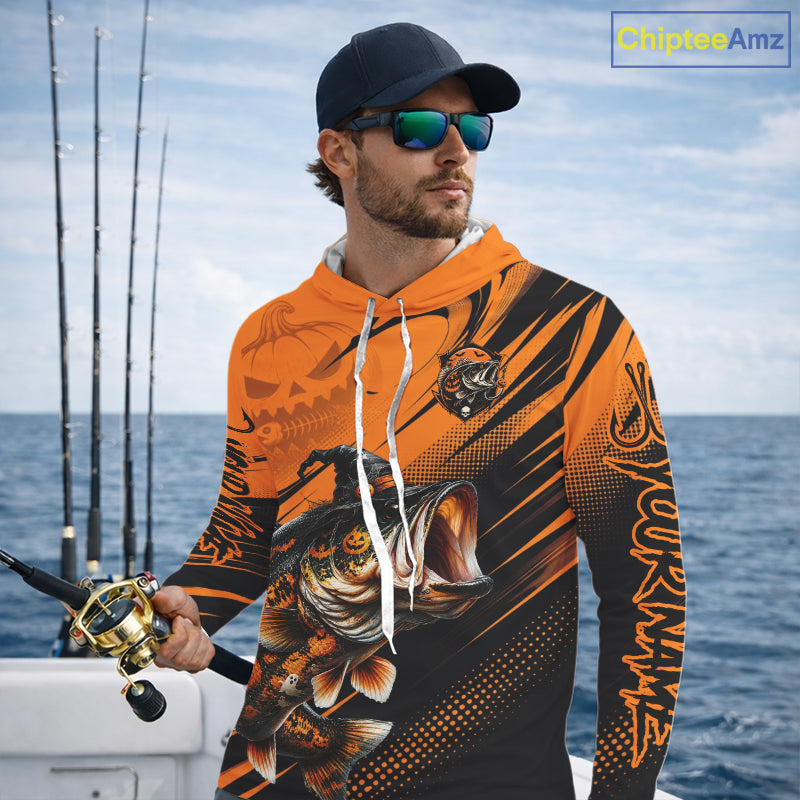 Halloween Bass Fishing Shirt, Largemouth Bass Long Sleeve Hooded Fishing Jersey, Custom Angler Gift