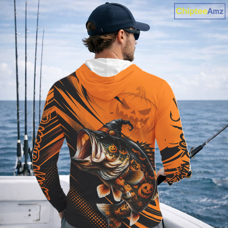 Halloween Bass Fishing Shirt, Largemouth Bass Long Sleeve Hooded Fishing Jersey, Custom Angler Gift
