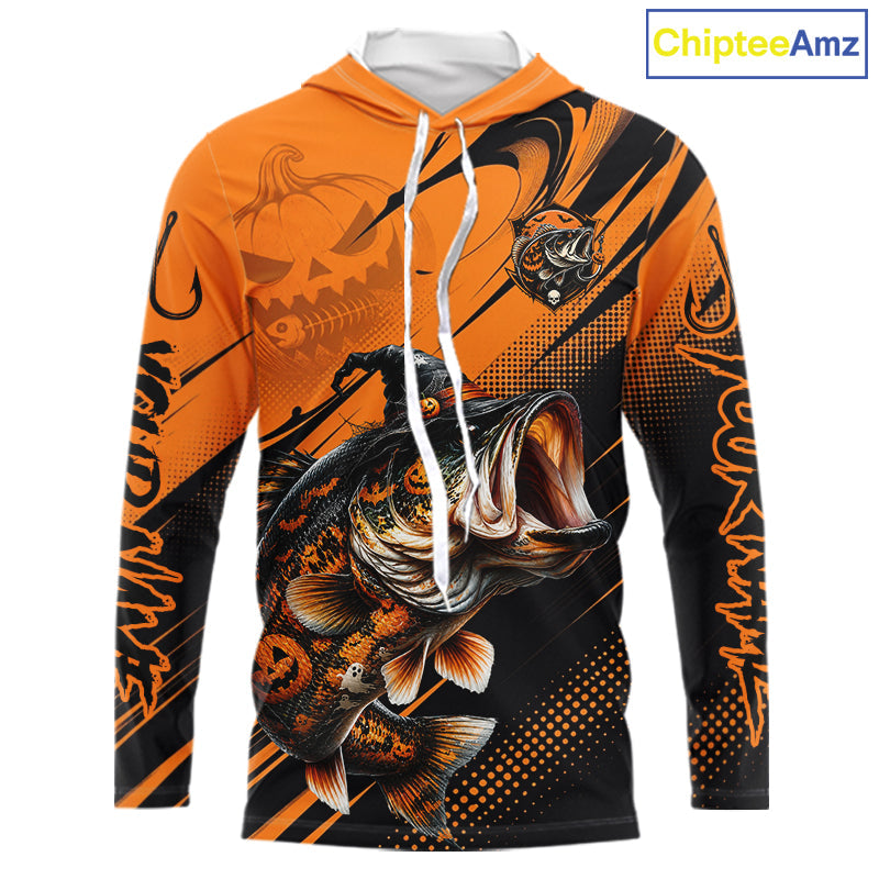 Halloween Bass Fishing Shirt, Largemouth Bass Long Sleeve Hooded Fishing Jersey, Custom Angler Gift