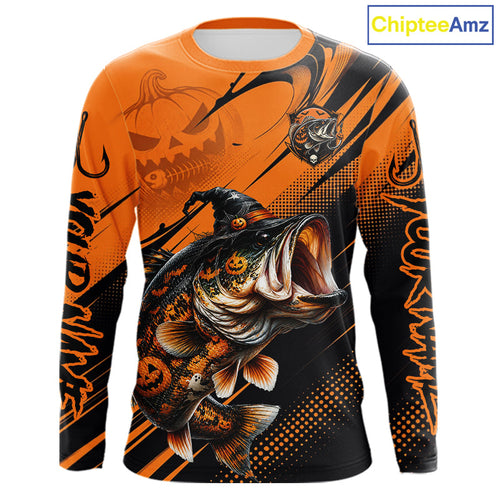 Halloween Bass Fishing Shirt, Largemouth Bass Long Sleeve Fishing Jersey, Custom Angler Gift