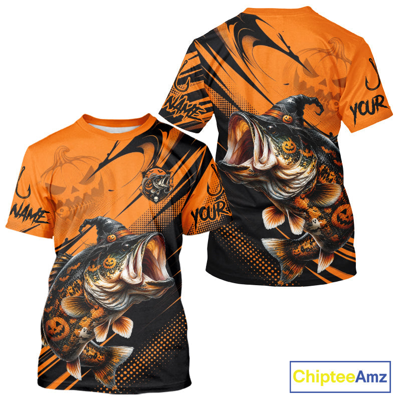 Halloween Bass Fishing Shirt, Largemouth Bass Long Sleeve Fishing Jersey, Custom Angler Gift