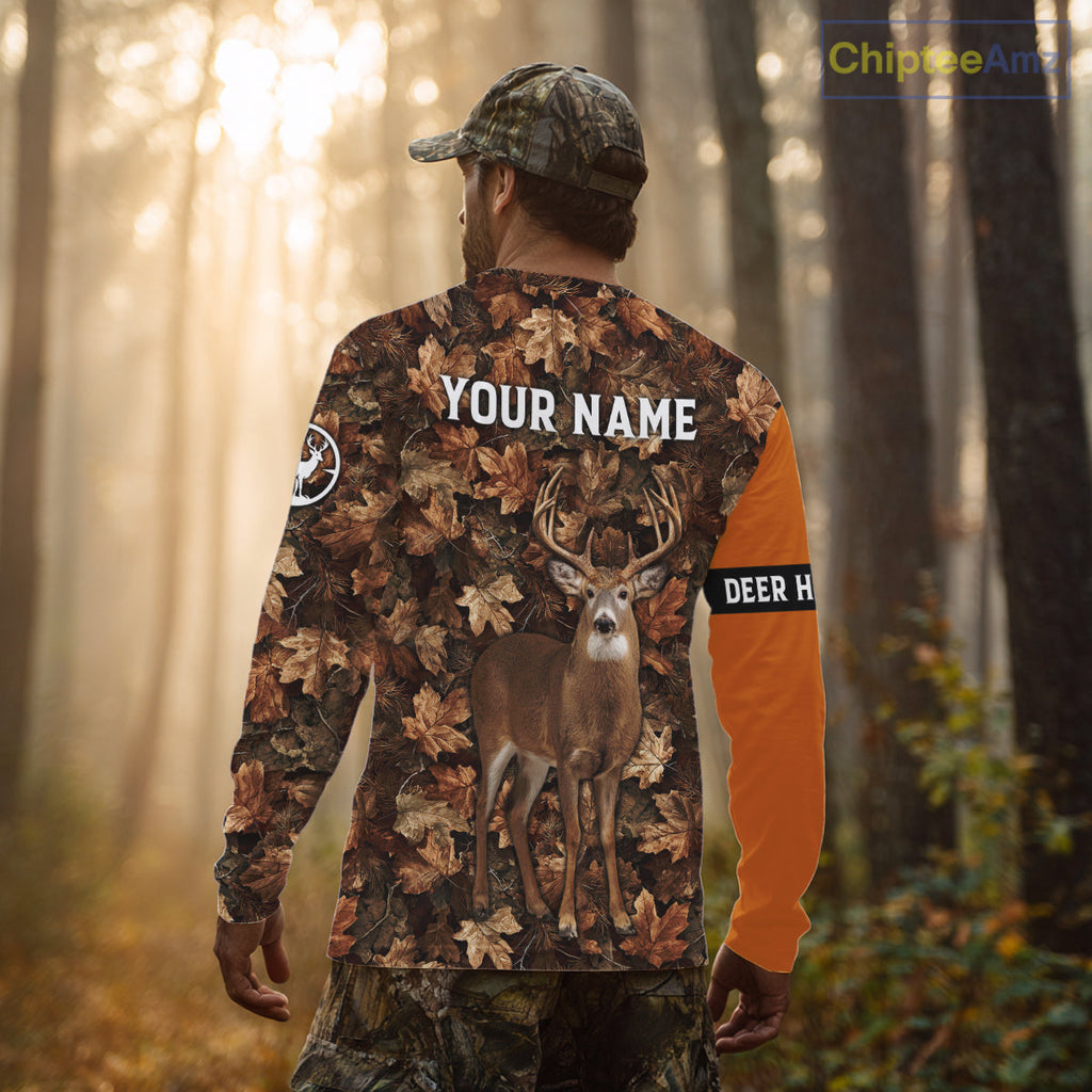 Whitetail Deer Hunting Orange and Autumn Camo Shirts, Personalized Hunting Shirt