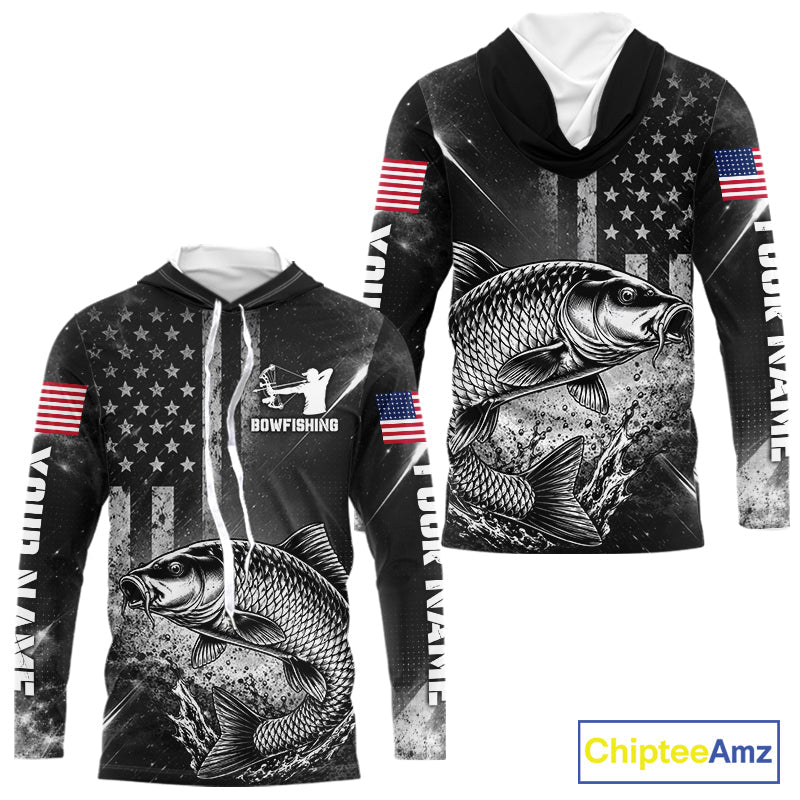 American Flag Bowfishing Shirt With Carp Design, Fishing Shirts Hooded Long Sleeve