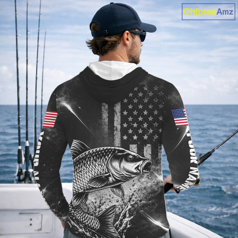 American Flag Bowfishing Shirt With Carp Design, Fishing Shirts Hooded Long Sleeve