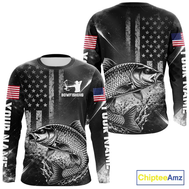American Flag Bowfishing Shirt With Carp Design, Fishing Shirts Long Sleeve