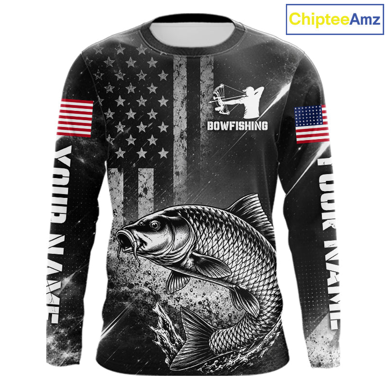 American Flag Bowfishing Shirt With Carp Design, Fishing Shirts Long Sleeve