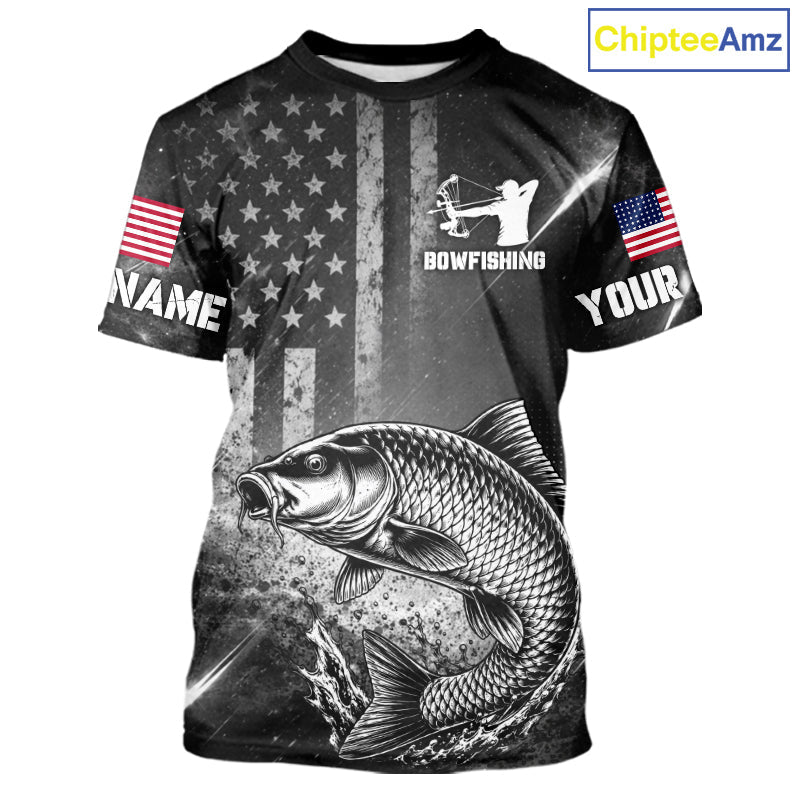 American Flag Bowfishing Shirt With Carp Design, Fishing Shirts Short Sleeve