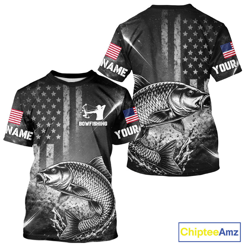 American Flag Bowfishing Shirt With Alligator Gar Design, Fishing Shirts Short Sleeve