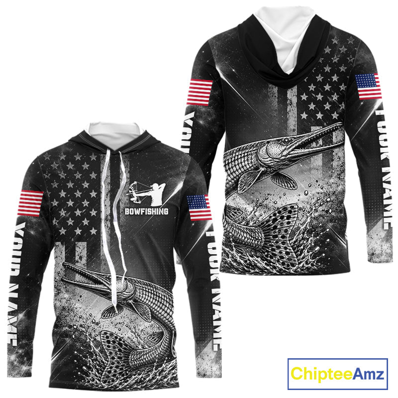 American Flag Bowfishing Shirt With Alligator Gar Design, Fishing Shirts Hooded Long Sleeve