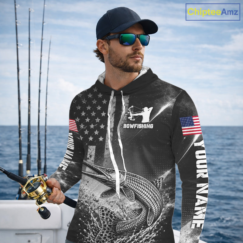 American Flag Bowfishing Shirt With Alligator Gar Design, Fishing Shirts Hooded Long Sleeve