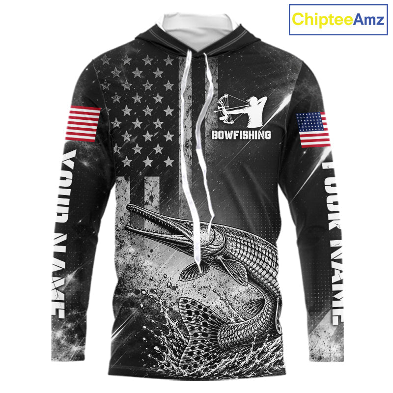 American Flag Bowfishing Shirt With Alligator Gar Design, Fishing Shirts Hooded Long Sleeve