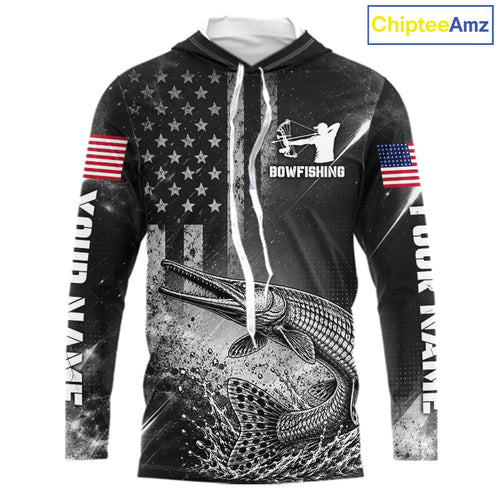 American Flag Bowfishing Shirt With Alligator Gar Design, Fishing Shirts Hooded Long Sleeve