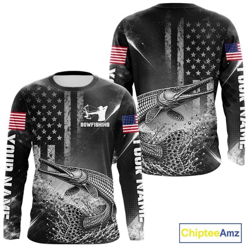 American Flag Bowfishing Shirt With Alligator Gar Design, Fishing Shirts Long Sleeve