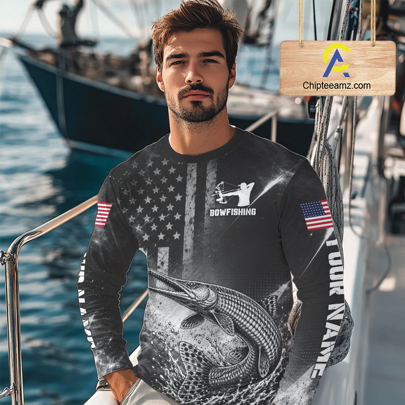 American Flag Bowfishing Shirt With Alligator Gar Design, Fishing Shirts Long Sleeve