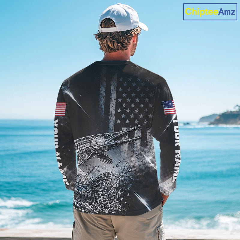 American Flag Bowfishing Shirt With Alligator Gar Design, Fishing Shirts Long Sleeve
