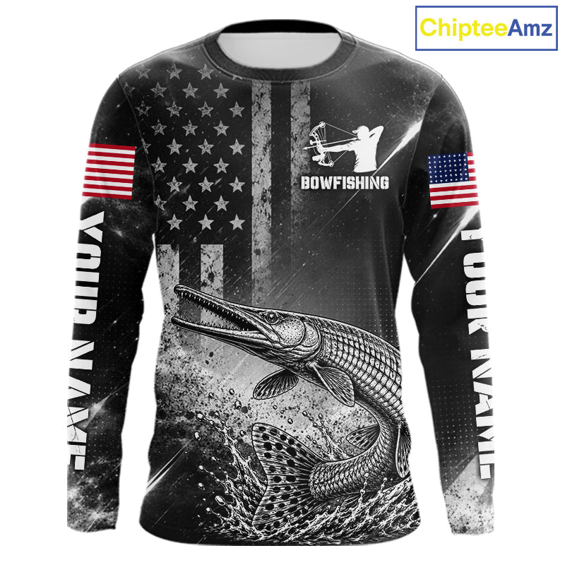 American Flag Bowfishing Shirt With Alligator Gar Design, Fishing Shirts Long Sleeve