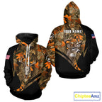 Deer Hunting Shirt 3D Autumn Camo Custom Name With Deer Skull Whitetail And US Flag