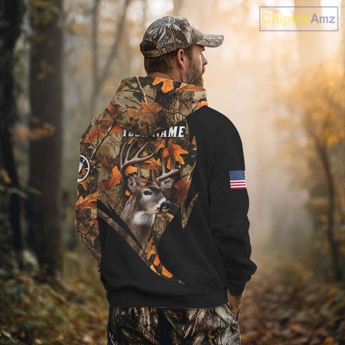 Deer Hunting Shirt 3D Autumn Camo Custom Name With Deer Skull Whitetail And US Flag
