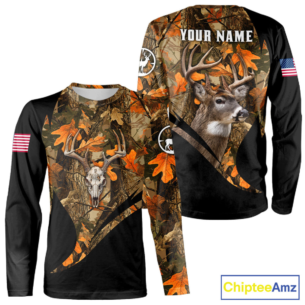 Deer Hunting Shirt 3D Autumn Camo Custom Name With Deer Skull Whitetail And US Flag