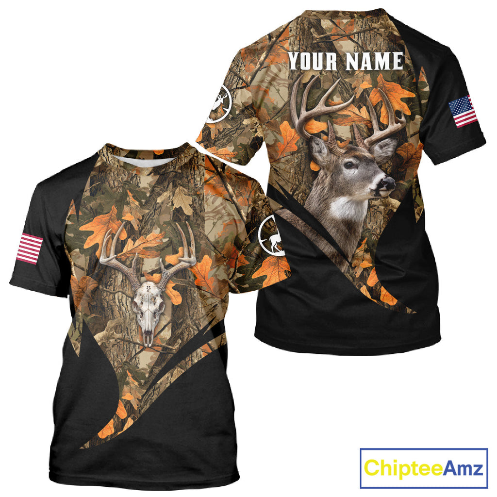 Deer Hunting Shirt 3D Autumn Camo Custom Name With Deer Skull Whitetail And US Flag