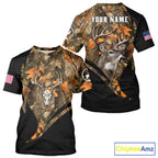 Deer Hunting Shirt 3D Autumn Camo Custom Name With Deer Skull Whitetail And US Flag