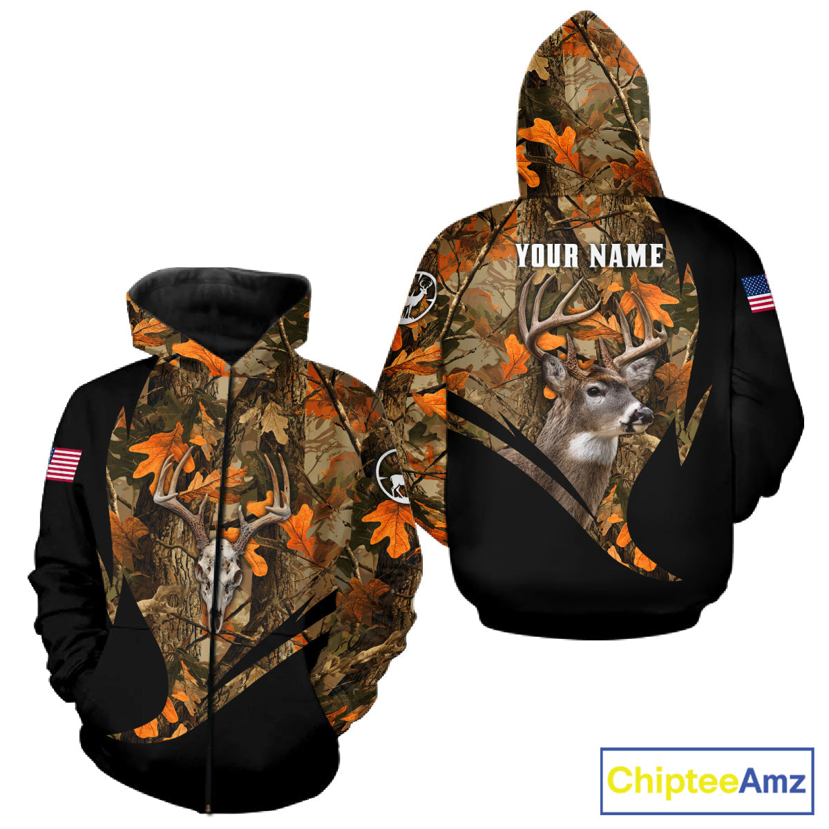 Deer Hunting Shirt 3D Autumn Camo Custom Name With Deer Skull Whitetail And US Flag
