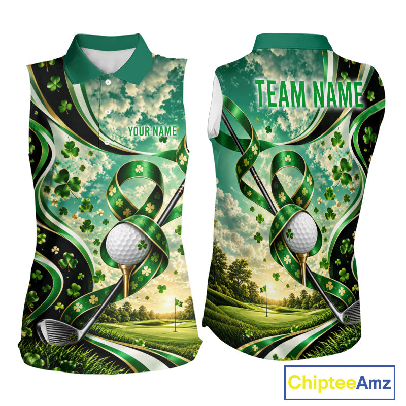 St Patricks Day Sleeveless Golf Polo Shirt Custom Shamrock Lucky Clover Team Tournament Jersey