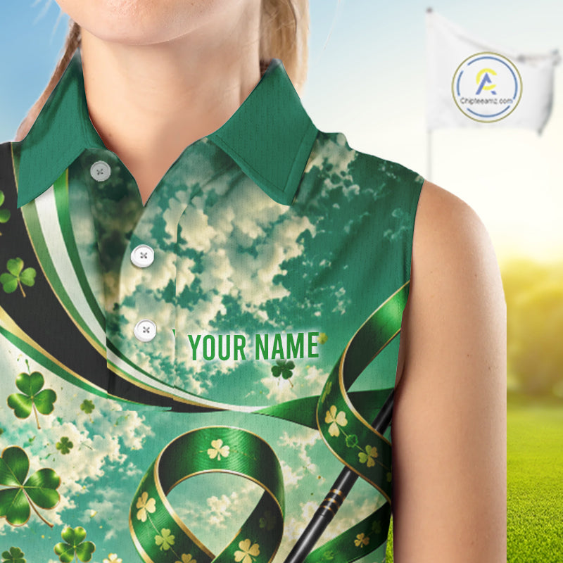 St Patricks Day Sleeveless Golf Polo Shirt Custom Shamrock Lucky Clover Team Tournament Jersey